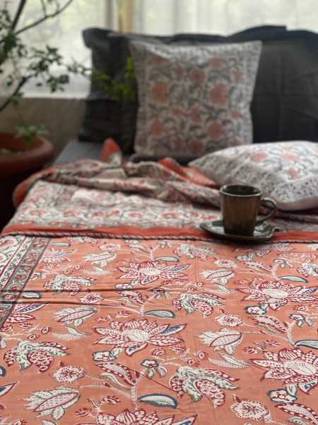 PEACH COTTON BLOCK PRINT REVERSIBLE DOUBLE DOHAR