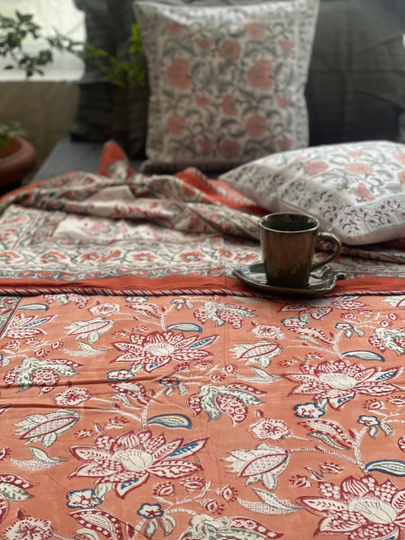 PEACH COTTON BLOCK PRINT REVERSIBLE DOUBLE DOHAR
