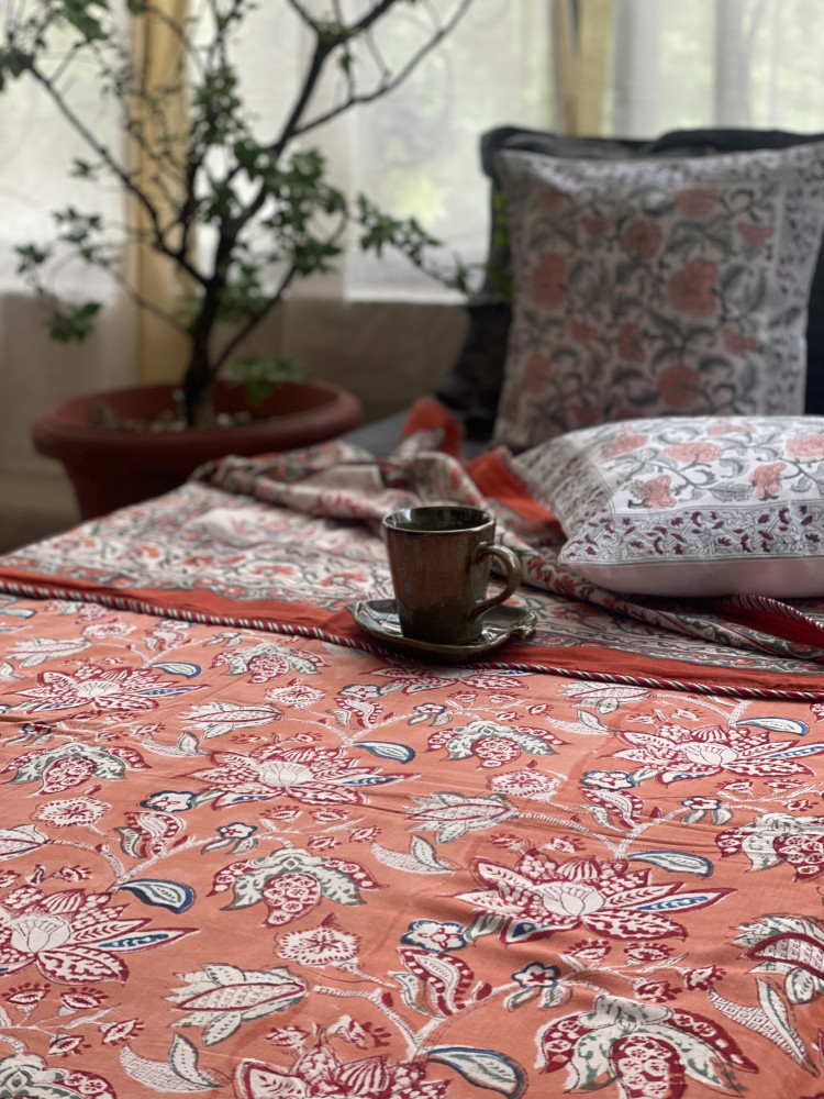 Image of PEACH COTTON BLOCK PRINT REVERSIBLE DOUBLE DOHAR