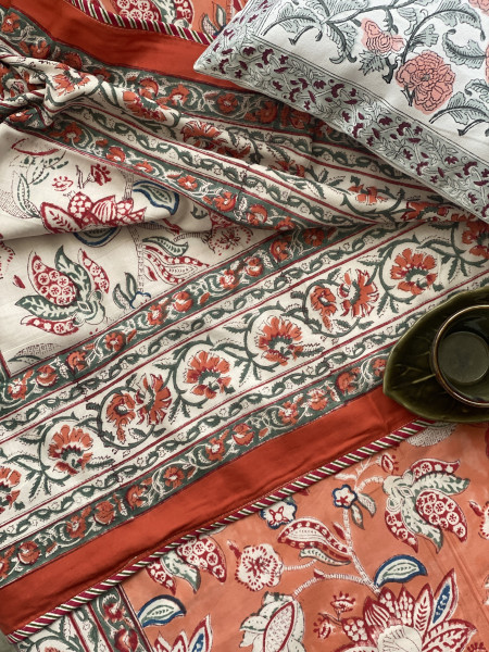 PEACH COTTON BLOCK PRINT REVERSIBLE DOUBLE DOHAR