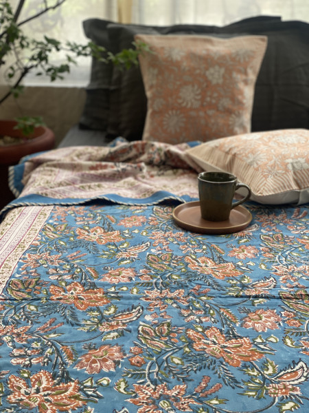 BLUE COTTON BLOCK PRINT REVERSIBLE DOUBLE DOHAR