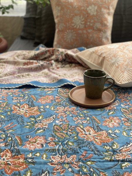 BLUE COTTON BLOCK PRINT REVERSIBLE DOUBLE DOHAR