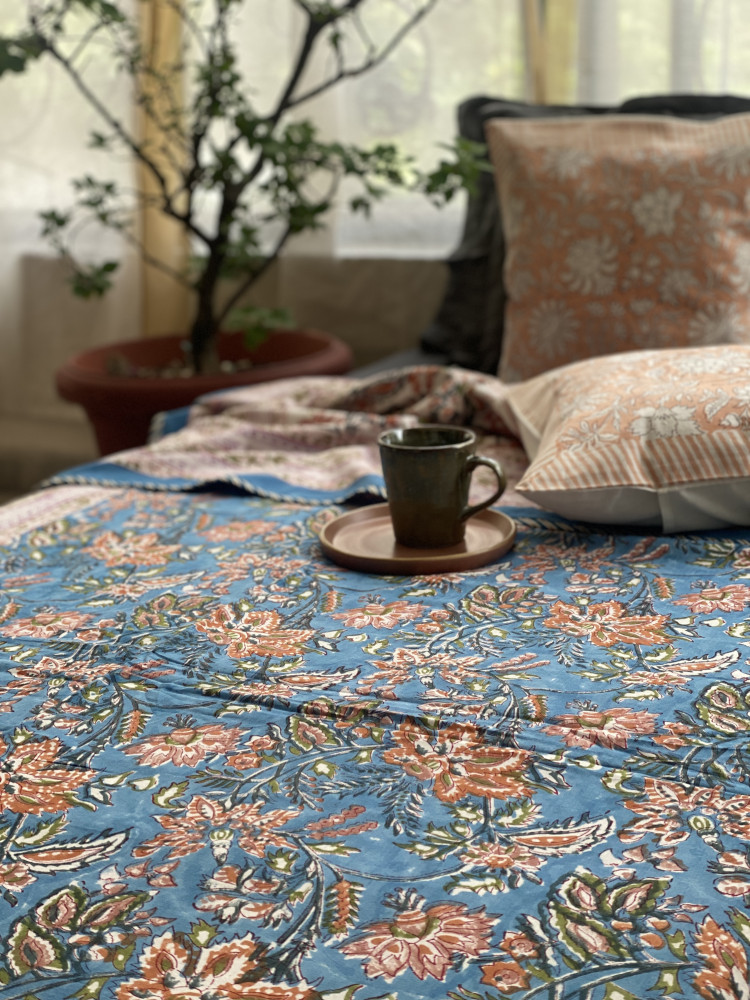 Image of BLUE COTTON BLOCK PRINT REVERSIBLE DOUBLE DOHAR