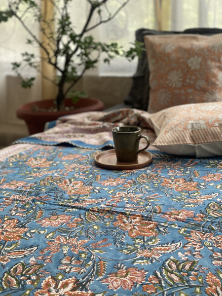 BLUE COTTON BLOCK PRINT REVERSIBLE DOUBLE DOHAR