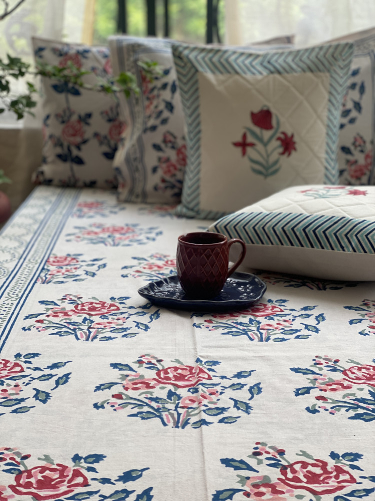 Image of OFF WHITE COTTON HAND BLOCK PRINT double BEDSHEET