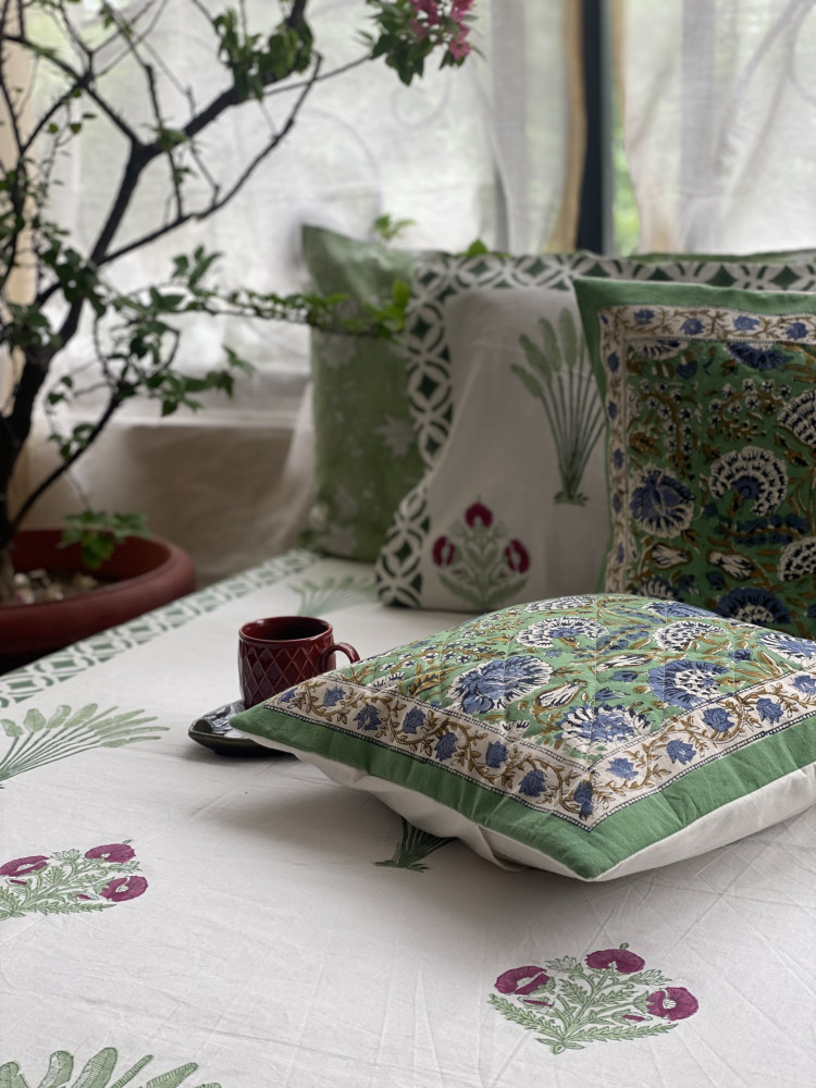Image of OFF WHITE COTTON HAND BLOCK PRINT double BEDSHEET