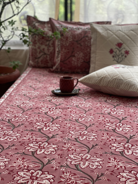 SALMON COTTON HAND BLOCK PRINT double BEDSHEET