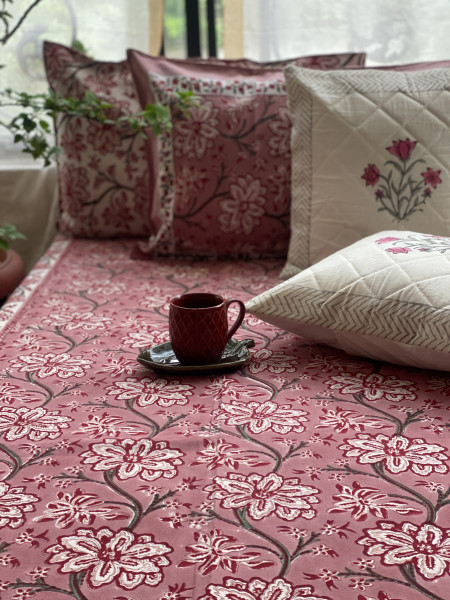 SALMON COTTON HAND BLOCK PRINT double BEDSHEET