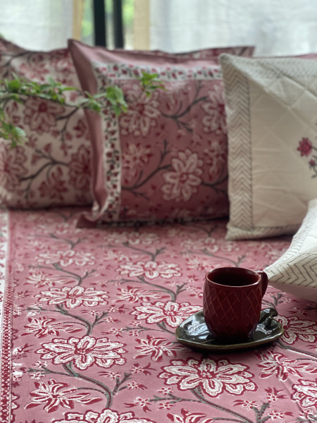 SALMON COTTON HAND BLOCK PRINT double BEDSHEET