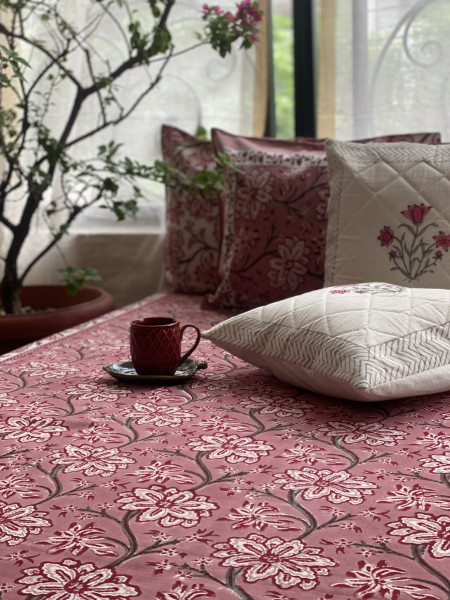 SALMON COTTON HAND BLOCK PRINT double BEDSHEET