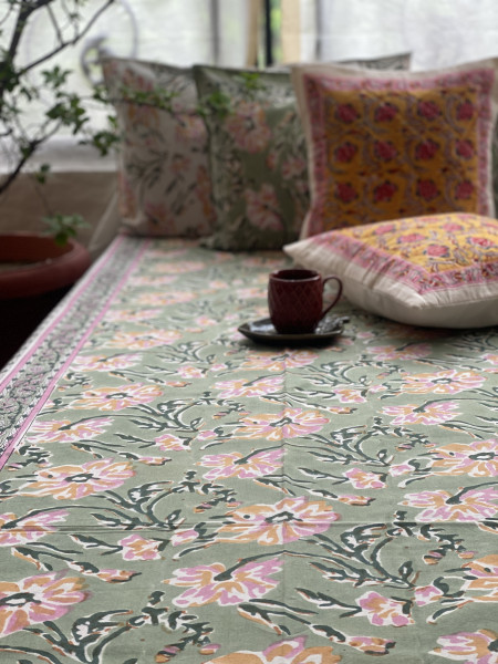 MINT GREEN COTTON HAND BLOCK PRINT double BEDSHEET