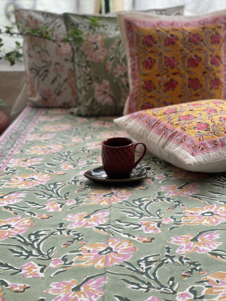 MINT GREEN COTTON HAND BLOCK PRINT double BEDSHEET