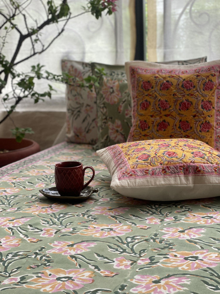 Image of MINT GREEN COTTON HAND BLOCK PRINT double BEDSHEET