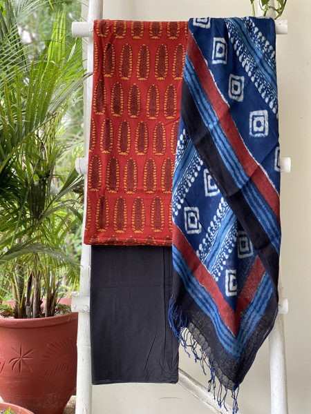MAROON & INDIGO BLOCK PRINT LINEN DUPATTA SUIT SET