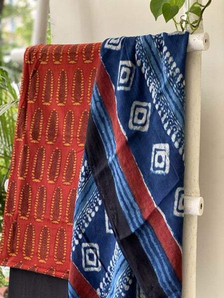 MAROON & INDIGO BLOCK PRINT LINEN DUPATTA SUIT SET