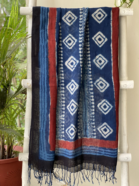 MAROON & INDIGO BLOCK PRINT LINEN DUPATTA SUIT SET