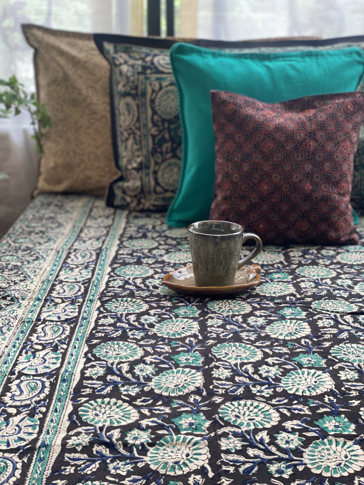 Image of 'KALAMKARI' MULTI COLOUR COTTON HAND BLOCK DOUBLE BEDSHEET
