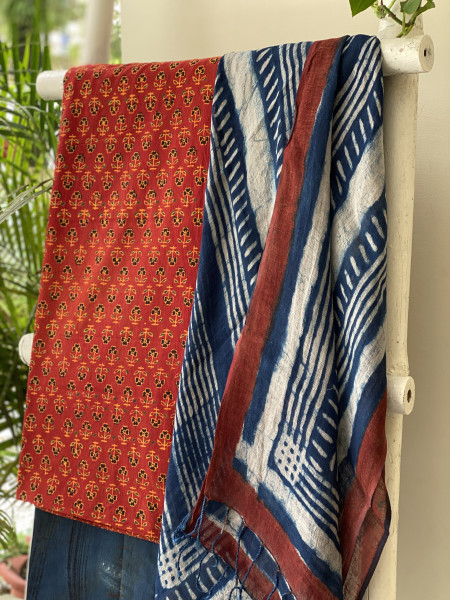 MAROON & INDIGO BLOCK PRINT LINEN DUPATTA SUIT SET