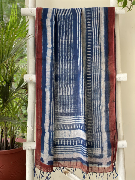 MAROON & INDIGO BLOCK PRINT LINEN DUPATTA SUIT SET