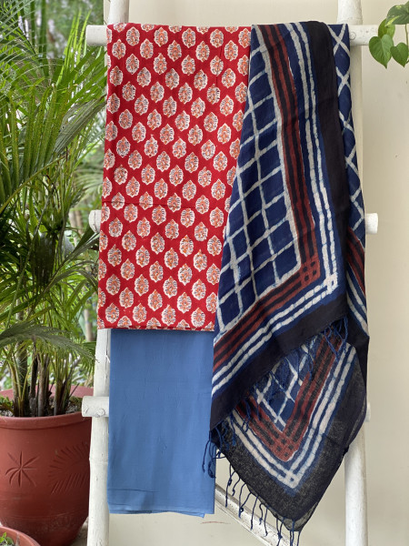 RED & INDIGO BLOCK PRINT LINEN DUPATTA SUIT SET