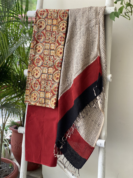 RUST & BEIGE BLOCK PRINT LINEN DUPATTA SUIT SET