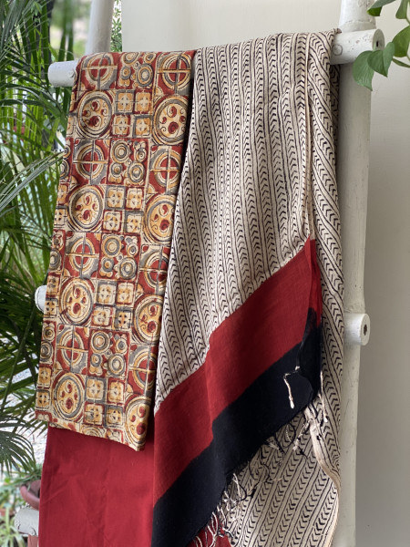 RUST & BEIGE BLOCK PRINT LINEN DUPATTA SUIT SET