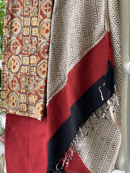 RUST & BEIGE BLOCK PRINT LINEN DUPATTA SUIT SET