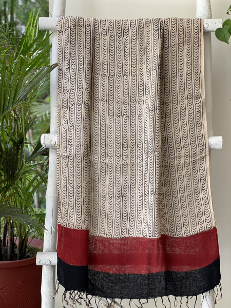 RUST & BEIGE BLOCK PRINT LINEN DUPATTA SUIT SET