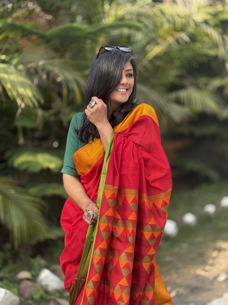 Image of RED MAHESHWARI SILK &amp; COTTON SARI
