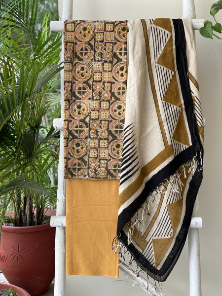 MEHNDI GREEN & BEIGE BLOCK PRINT LINEN DUPATTA SUIT SET