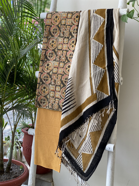 MEHNDI GREEN & BEIGE BLOCK PRINT LINEN DUPATTA SUIT SET