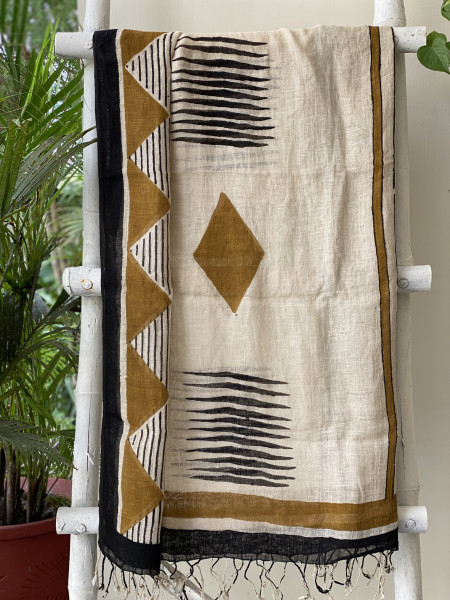 MEHNDI GREEN & BEIGE BLOCK PRINT LINEN DUPATTA SUIT SET