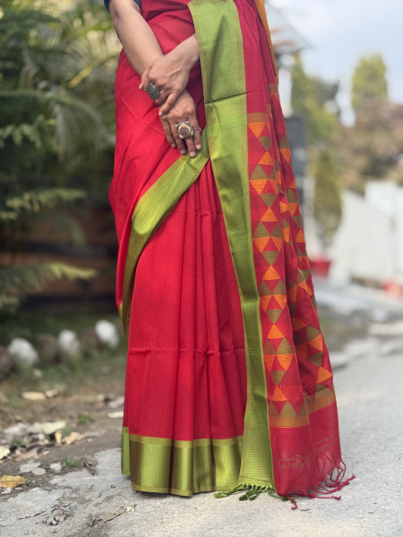 RED MAHESHWARI SILK & COTTON SARI