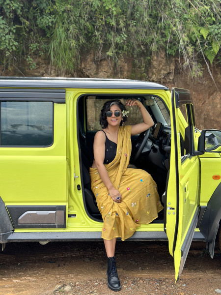 MUSTARD COTTON MULMUL EMBROIDERED SARI