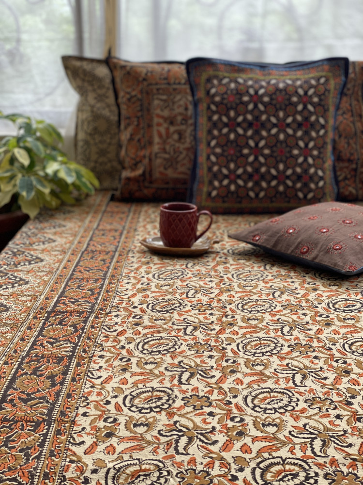 Image of 'KALAMKARI' MULTI COLOUR COTTON HAND BLOCK DOUBLE BEDSHEET