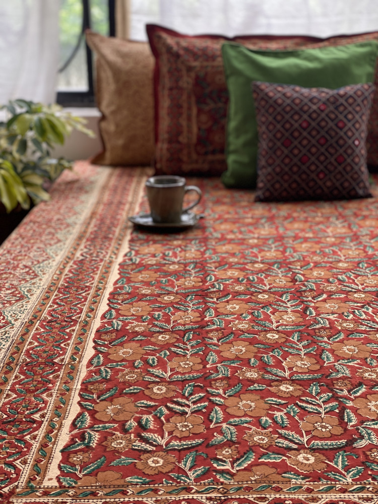Image of 'KALAMKARI' MULTI COLOUR COTTON HAND BLOCK DOUBLE BEDSHEET
