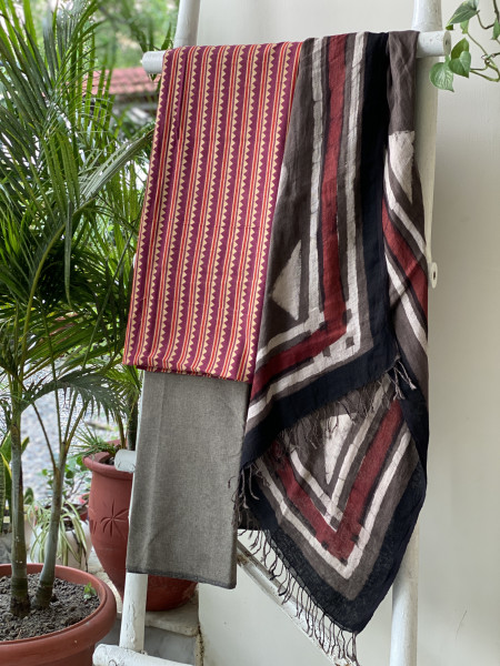 RUBY & GREY BLOCK PRINT LINEN DUPATTA SUIT SET