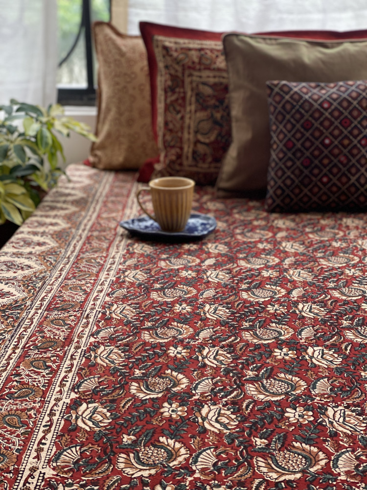 Image of 'KALAMKARI' MULTI COLOUR COTTON HAND BLOCK DOUBLE BEDSHEET