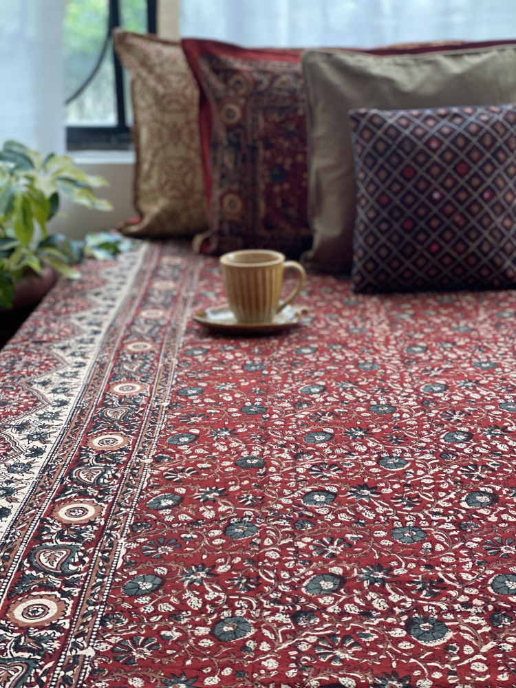 Image of 'KALAMKARI' MULTI COLOUR COTTON HAND BLOCK DOUBLE BEDSHEET