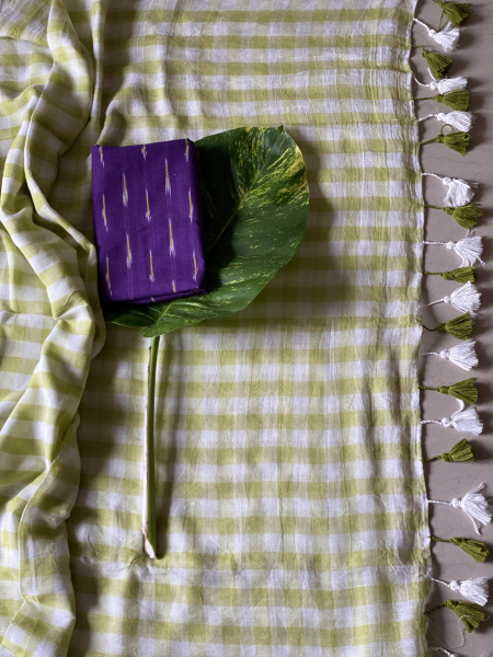 LIME GREEN GINGHAM CHECKS  MULMUL COTTON SARI