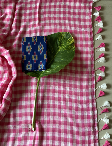 PINK GINGHAM CHECKS  MULMUL COTTON SARI