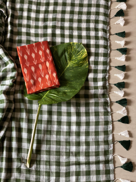 BOTTLE GREEN GINGHAM CHECKS  MULMUL COTTON SARI