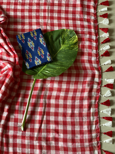 RED GINGHAM CHECKS  MULMUL COTTON SARI