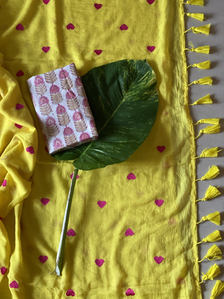 YELLOW COTTON MULMUL EMBROIDERED SARI