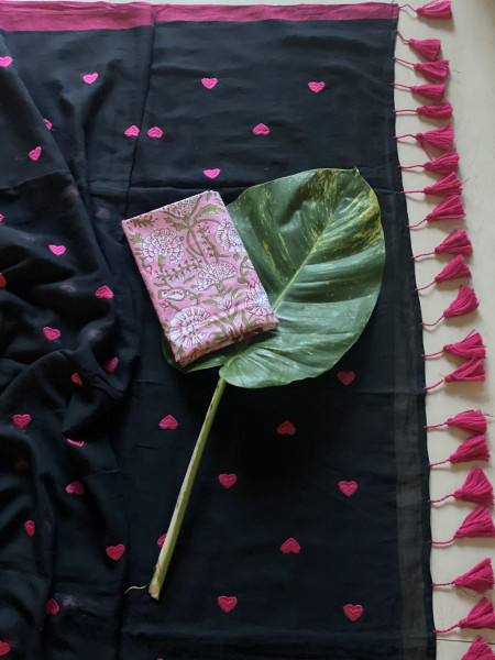 BLACK COTTON MULMUL EMBROIDERED SARI