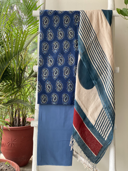 INDIGO & BEIGE BLOCK PRINT LINEN DUPATTA SUIT SET