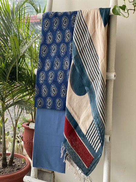 INDIGO & BEIGE BLOCK PRINT LINEN DUPATTA SUIT SET