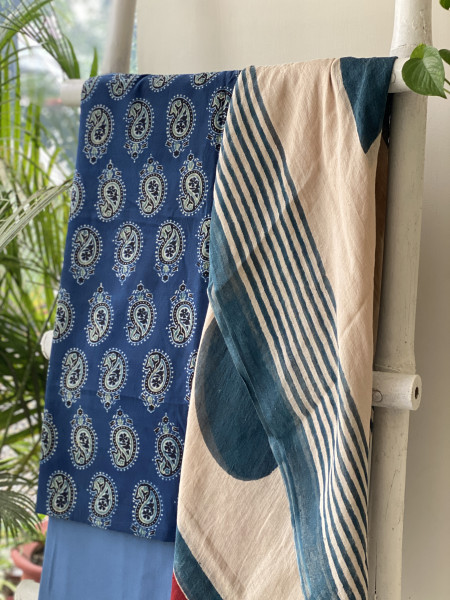 INDIGO & BEIGE BLOCK PRINT LINEN DUPATTA SUIT SET