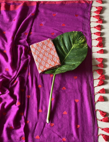WINE COTTON MULMUL EMBROIDERED SARI
