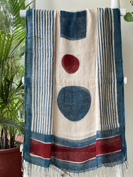 INDIGO & BEIGE BLOCK PRINT LINEN DUPATTA SUIT SET